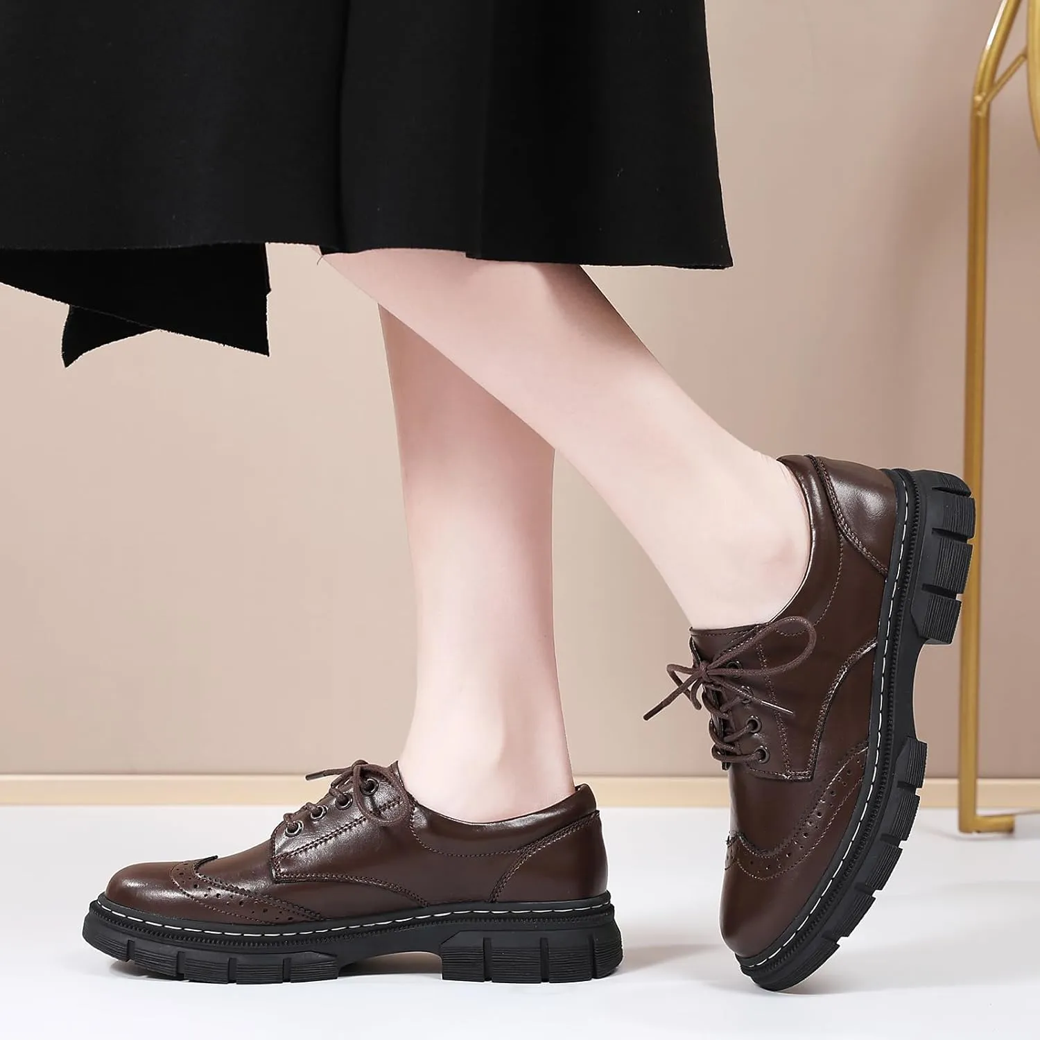 Womens Oxford Shoes Platform Classic Leather Non Slip Dressy Shoes Brogues Style Chunky Comfortable Business Shoes for Work Casual Office