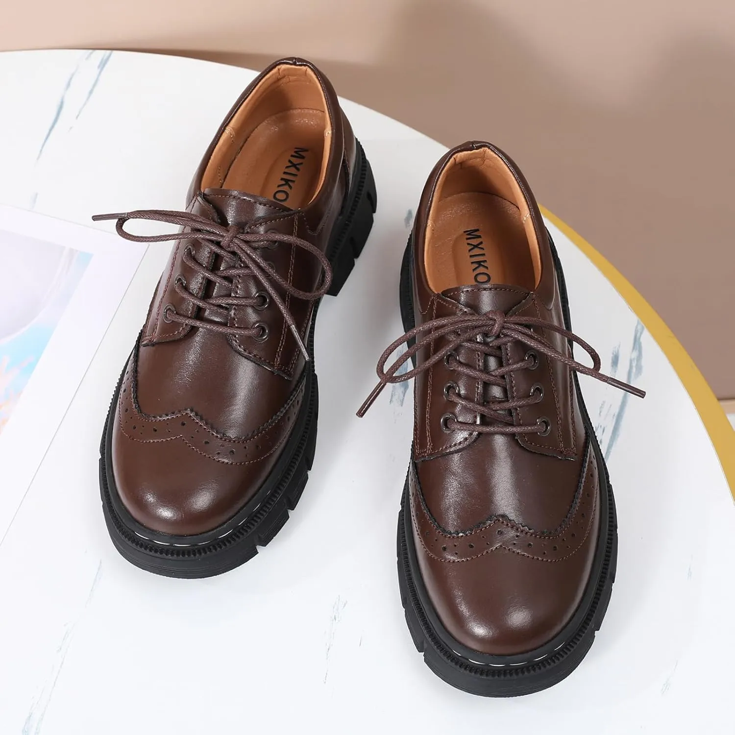 Womens Oxford Shoes Platform Classic Leather Non Slip Dressy Shoes Brogues Style Chunky Comfortable Business Shoes for Work Casual Office