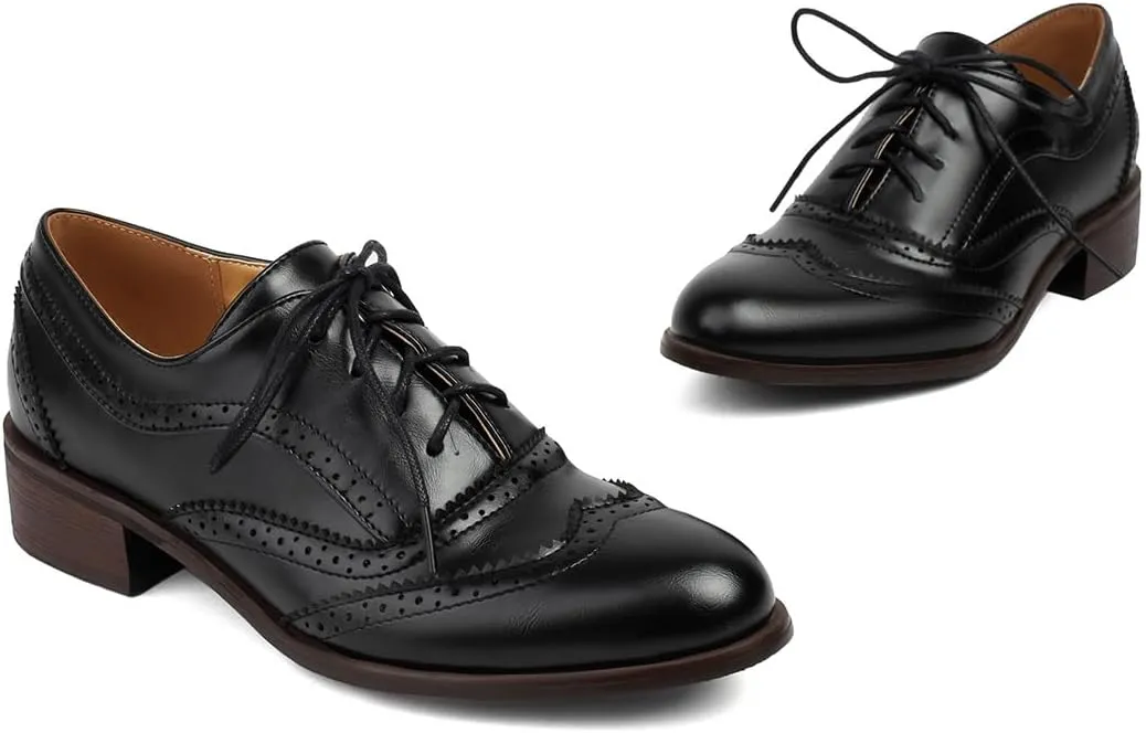 Women's Perforated Classic Lace-up Oxfords Brogue Wingtip Round Toe Derby Saddle Faux Leather Flat Shoes Evening Party Work Jeans Dress Shoes