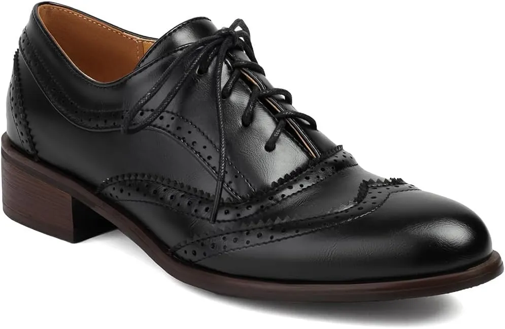 Women's Perforated Classic Lace-up Oxfords Brogue Wingtip Round Toe Derby Saddle Faux Leather Flat Shoes Evening Party Work Jeans Dress Shoes