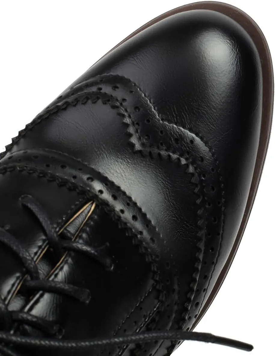 Women's Perforated Classic Lace-up Oxfords Brogue Wingtip Round Toe Derby Saddle Faux Leather Flat Shoes Evening Party Work Jeans Dress Shoes