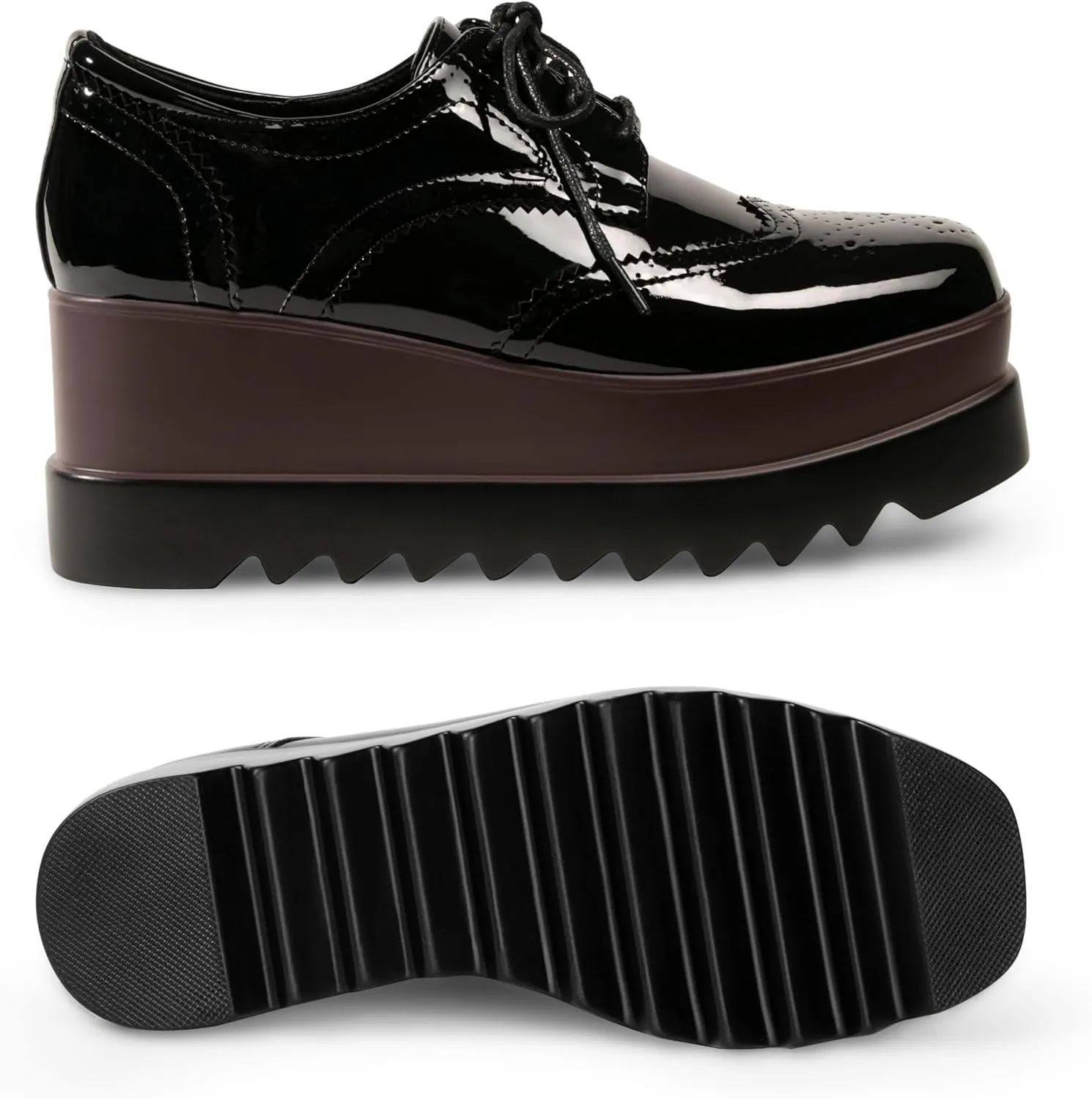 Women's Platform Oxford Shoes Classic Chunky Patent Leather PU Square Toe Wedges Casual Lace Up Sneakers