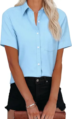 Womens Short Sleeve Button Down Shirts Stretch Oxford Shirts Cotton Dress Shirt Collared Blouse Formal Work Tunic Tops - B-Light Blue L