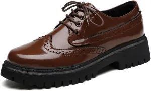 Womens Vintage Oxford Shoes Platform Lace-up Round Toe Patent Leather Brogues Casual Oxfords for Girls Ladies Women