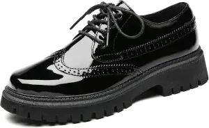 Womens Vintage Oxford Shoes Platform Lace-up Round Toe Patent Leather Brogues Casual Oxfords for Girls Ladies Women