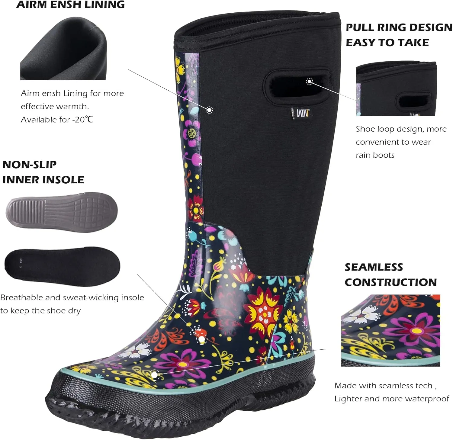 WTW Mid Calf Rain Boots for Women - Waterproof Insulated Neoprene Mud Boots Outdoor Hunting Garden Boots