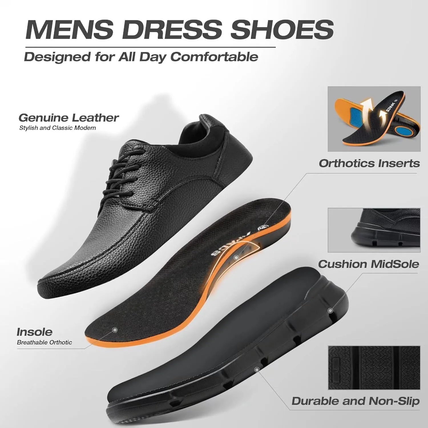 XPACS Men's Orthopedic Leather Dress Walking Shoes: Comfortable Arch Support Plantar Fasciitis Orthotic Formal Tennis Oxford, Flat Feet Casual Business Working Shoes for Foot and Heel Pain Relief