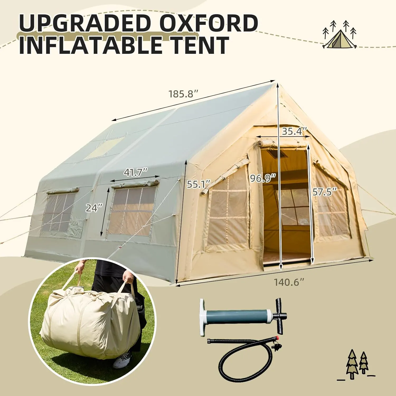 YOLENY Classic Inflatable Camping Tent for 6-12 Person, 4 Season Blow Up Tent with Mesh Windows & Pumps