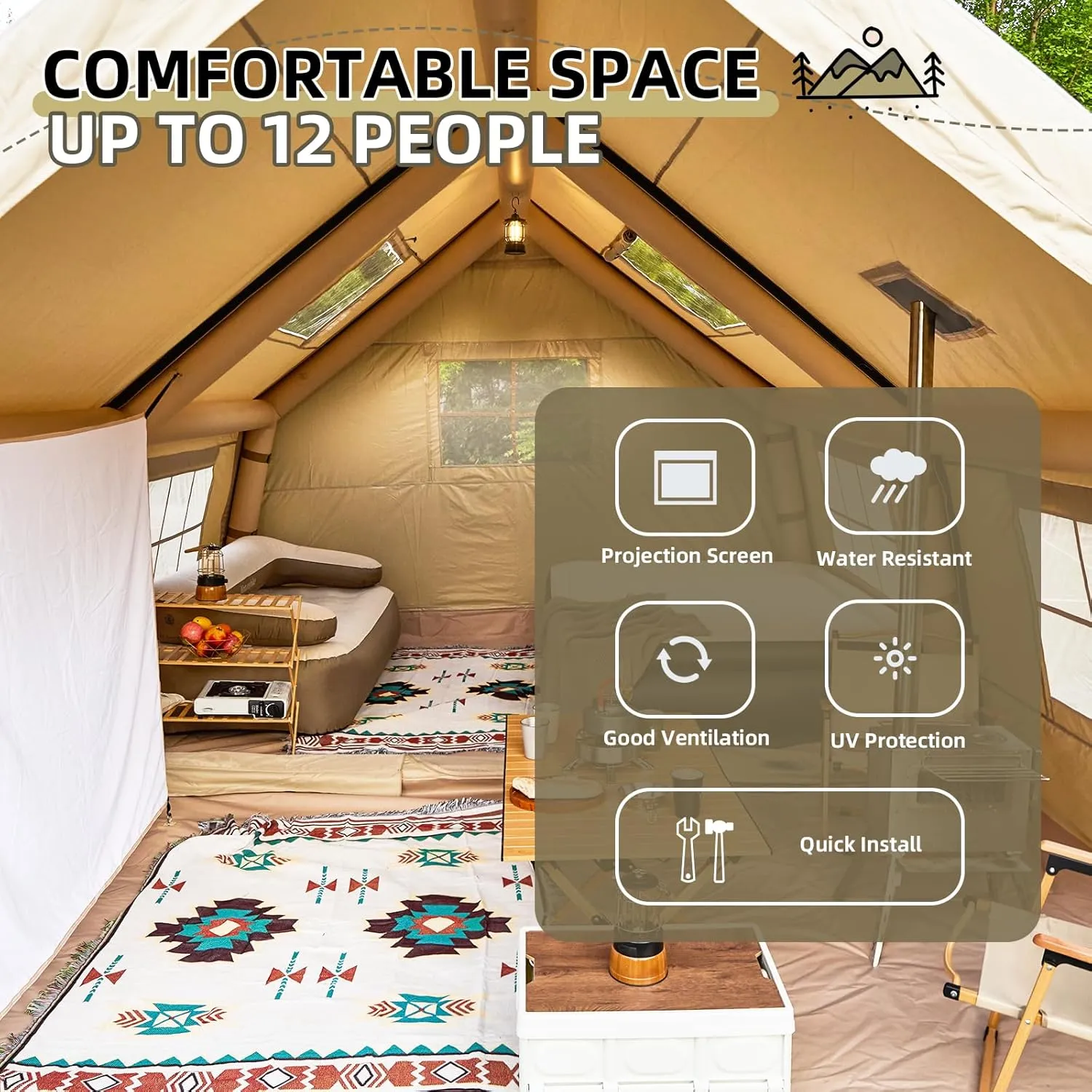 YOLENY Classic Inflatable Camping Tent for 6-12 Person, 4 Season Blow Up Tent with Mesh Windows & Pumps